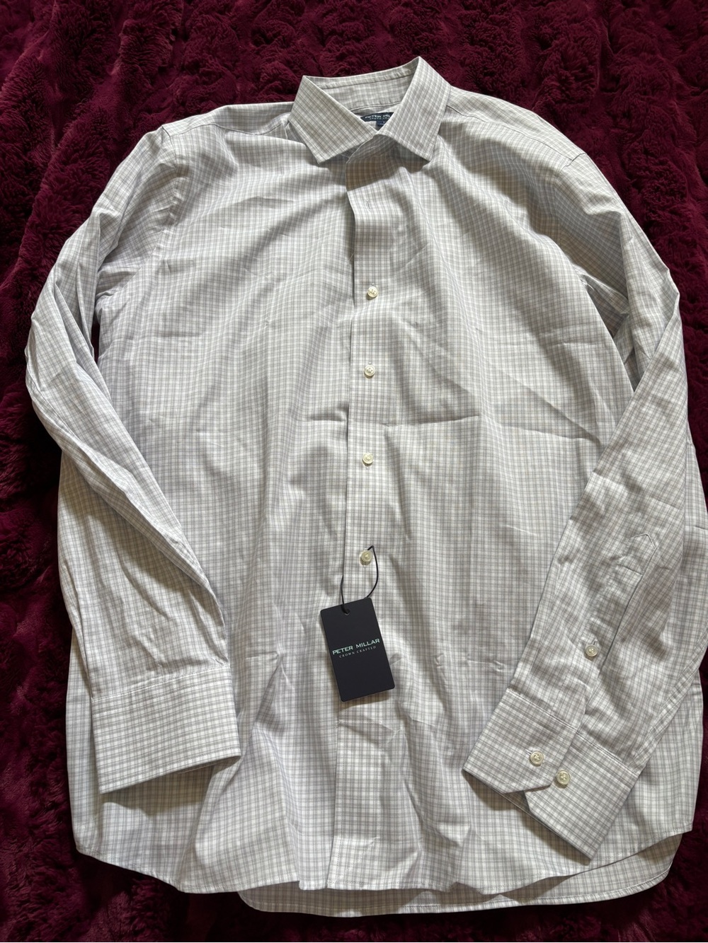 NWT Peter Millar Men's Light Gray Check Dress Shirt crown crafted flex finish L